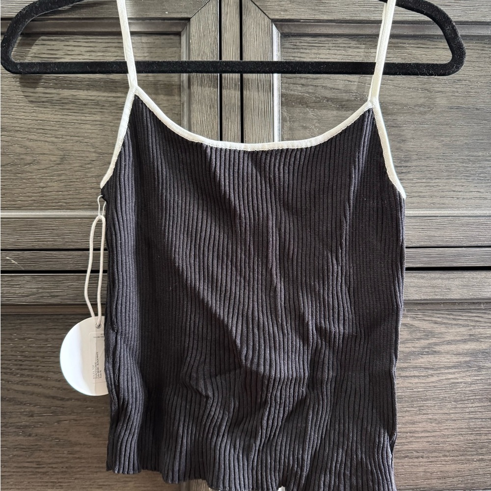 STAUD Black Ribbed Camisole with White Trim